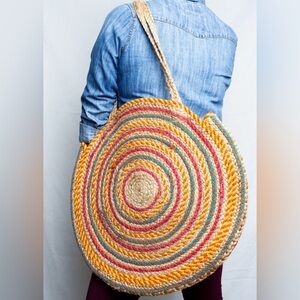 Magid Tote Circle Shoulder Bag - Jute Straw 21", Multicolor Woven Straw Jute